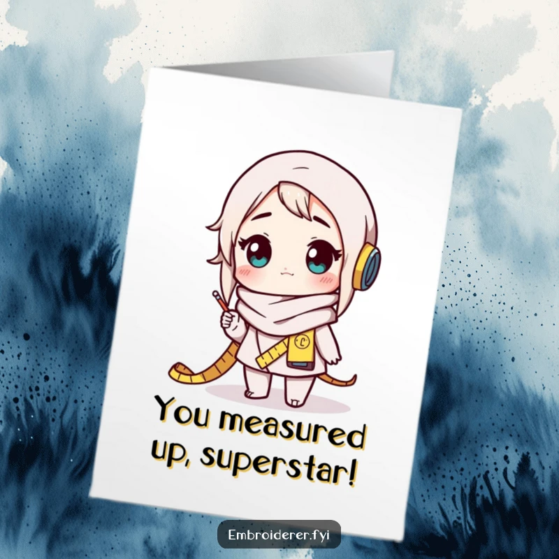 Funny Free Printable Congratulations Card: Character wearing measuring tape scarf looks amazed by a creation.