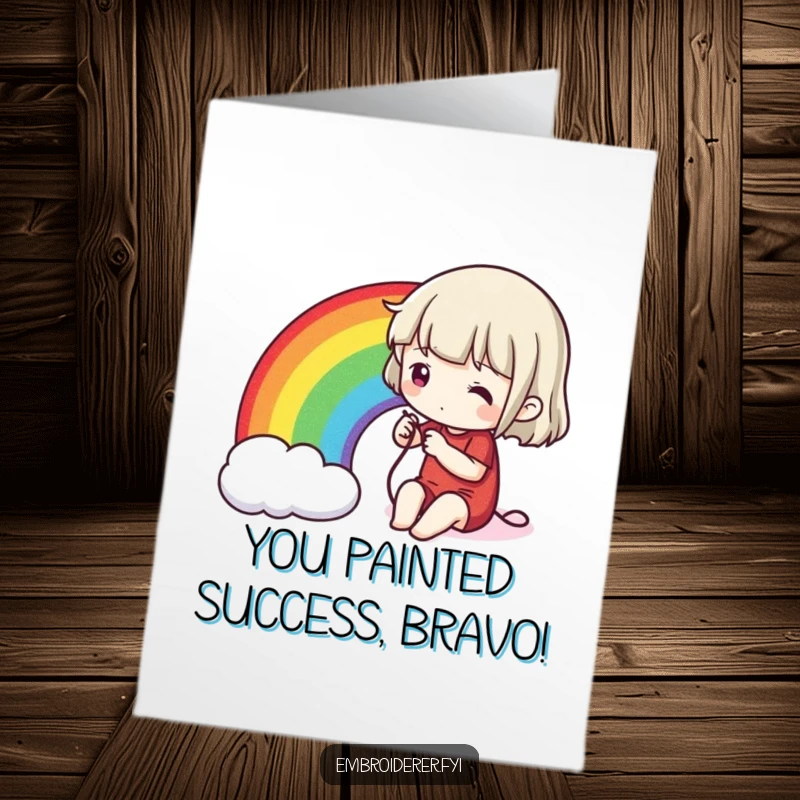 Funny Free Printable Congratulations Card: Character meticulously stitches a vibrant rainbow onto fabric, symbolizing a colorful achievement.