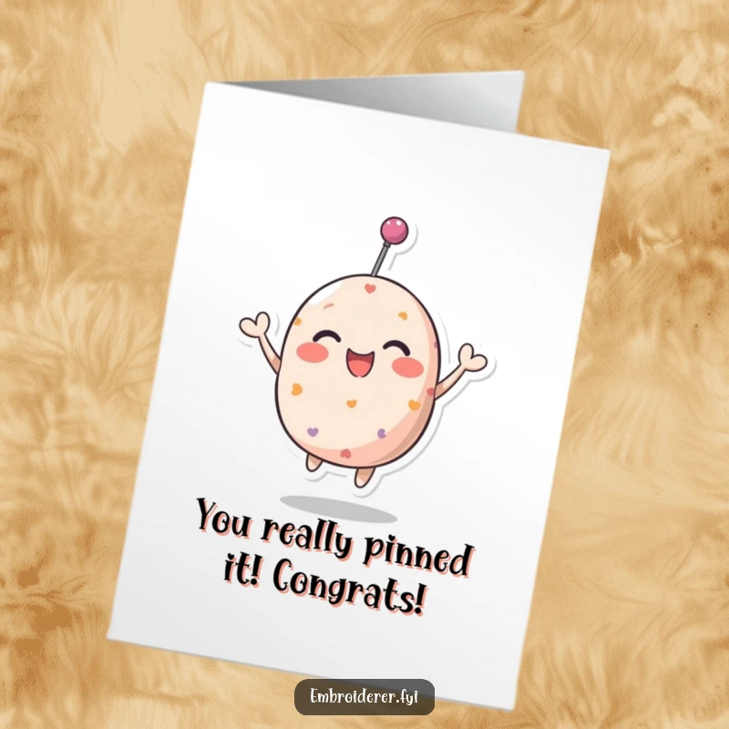 Funny Free Printable Congratulations Card: A playful pincushion character bouncing happily to celebrate an amazing accomplishment.