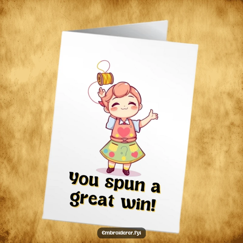Funny Free Printable Congratulations Card: Cheerful character wearing an apron playfully tosses a vibrant spool of thread, celebrating success.