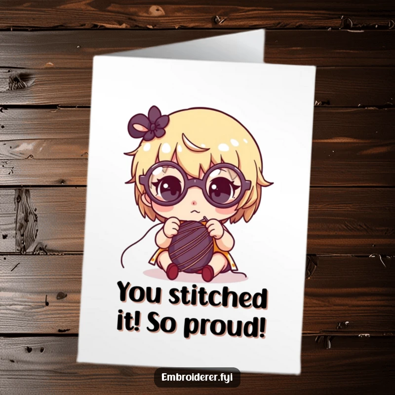 Funny Free Printable Congratulations Card: Glasses-wearing character sewing intently, a great downloadable gift for any proud moment.