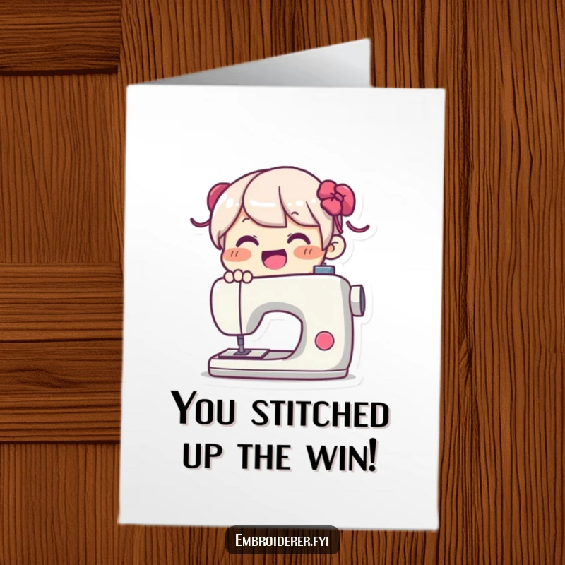 Funny Free Printable Congrats Card: A delighted character joyfully operating a sewing machine, embodying celebratory stitching and success.