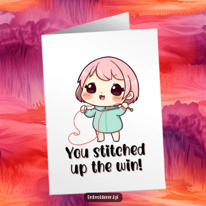 Funny Free Printable Congrats Card: A playful character using a needle and thread to draw a swirling, decorative line, celebrating.