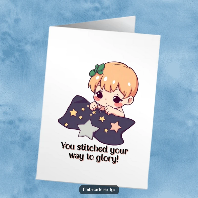 Funny Free Printable Congratulations Card: Determined character stitching tiny stars onto dark fabric, symbolizing a dazzling achievement.