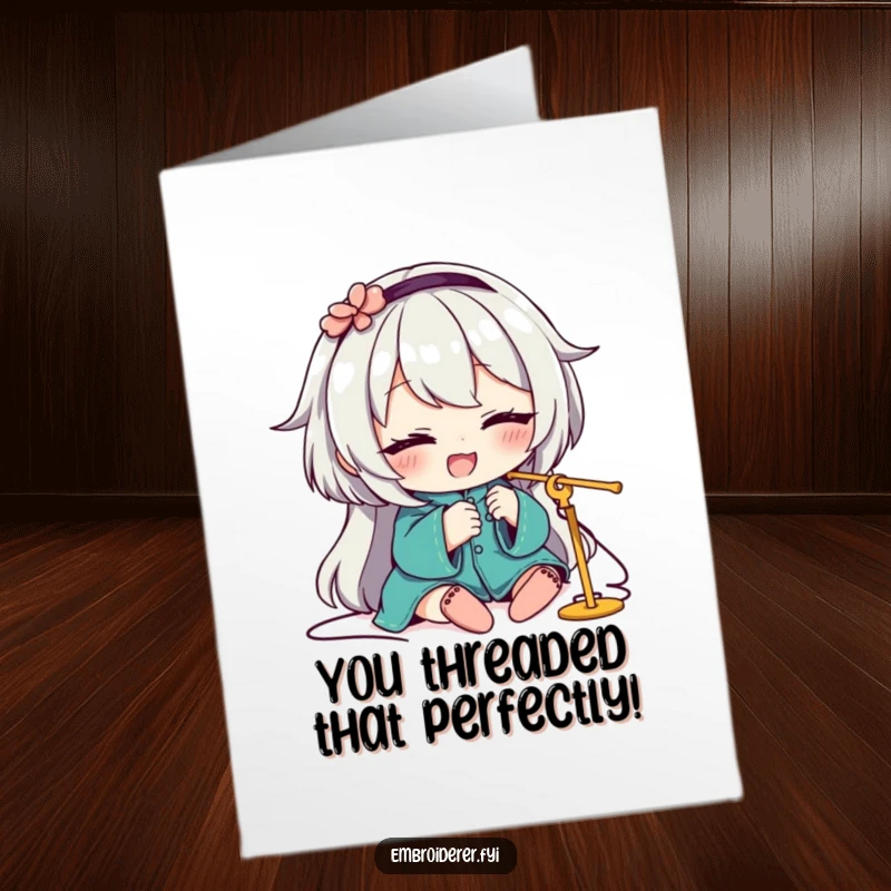 Funny Free Printable Congratulations Card showing a character winking and threading a needle, perfect for DIY gift-giving.