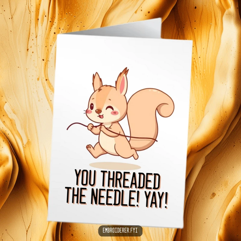Funny Free Printable Congratulations Card: A lively squirrel runs energetically, carrying a long piece of thread tangled around its path.