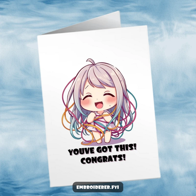 Funny Free Printable Congratulations Card: Character giggling amidst a playful tangle of colorful threads, celebrating success.