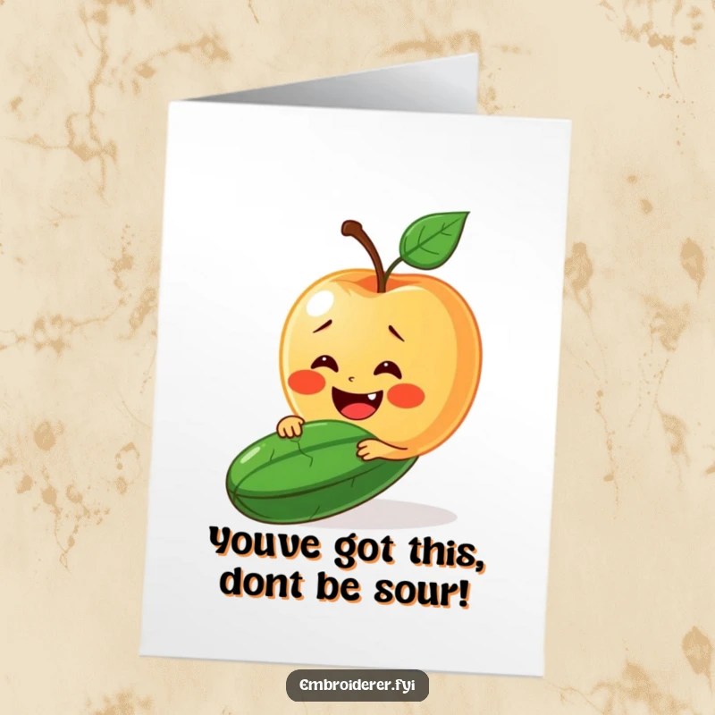 Funny free printable congratulations card featuring a happy apple attempting to stitch a smile onto a grumpy cucumber, perfect for celebrating wins.