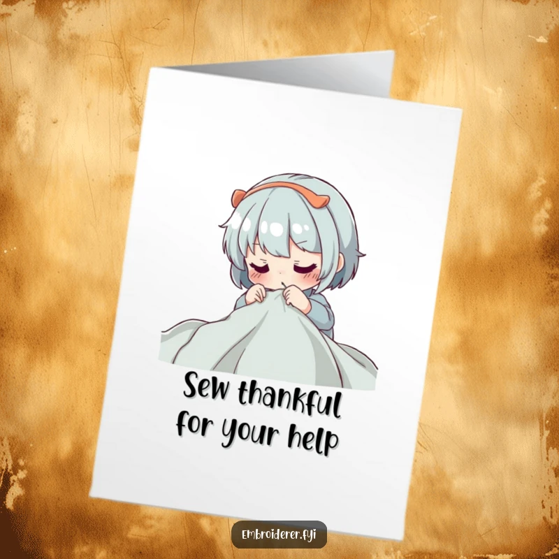 Funny Free Printable Thank You Card of a character concentrating intensely while guiding a needle through fabric, stitching thanks with humor.