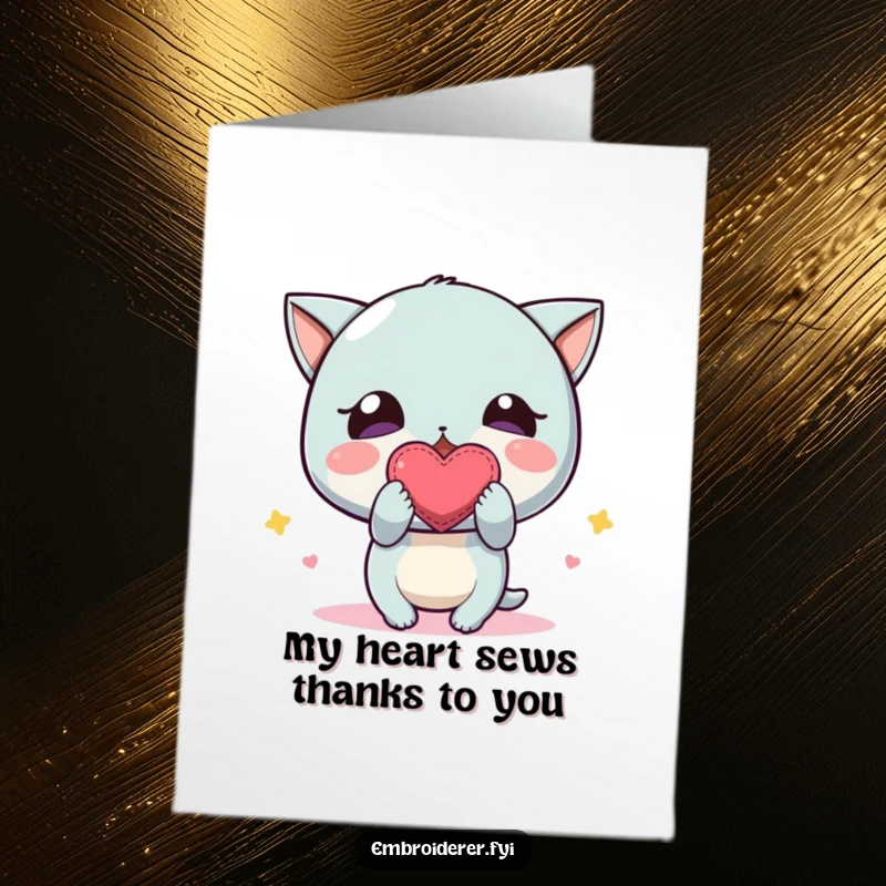 Funny Free Printable Thank You Card featuring a character enthusiastically displaying a small, charmingly wonky embroidered heart, symbolizing gratitude.