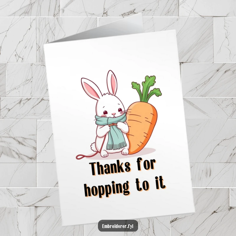 Funny Free Printable Thank You Card: A busy rabbit knits a scarf for an oversized carrot, showing heartfelt thanks.