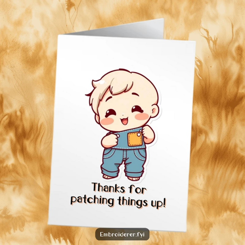 Funny Free Printable Thank You Card: Character happily sewing a patch onto overalls, expressing thanks with a smile.
