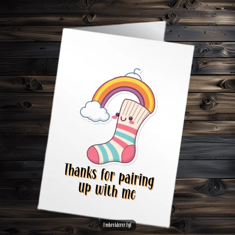 Funny Free Printable Thank You Card: A cheerful sock diligently sewing a rainbow onto a cloud, conveying colorful thanks.