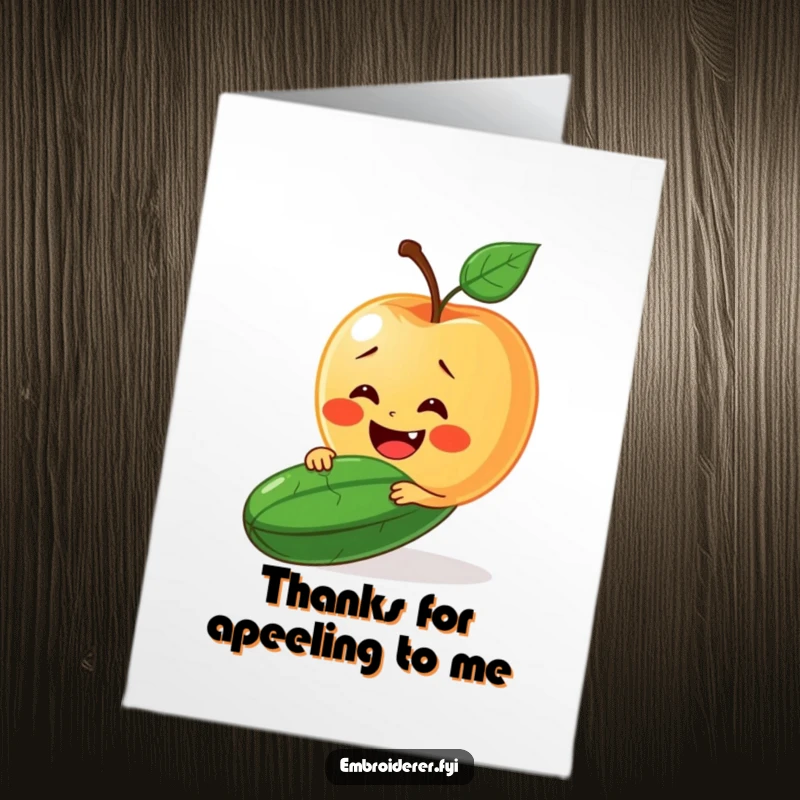 Funny free printable thank you card where a delighted apple stitches a smile onto a grumpy cucumber's face, a humorous way to say thanks.
