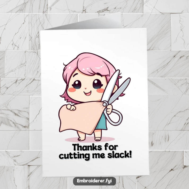 Funny Free Printable Thank You Card: Happy character with comically large scissors, about to cut fabric, symbolizing thanks.