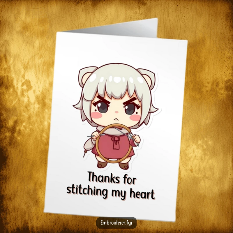 Funny Free Printable Thank You Card: Determined embroiderer stitches a heartfelt message, perfect for a DIY gift of gratitude.