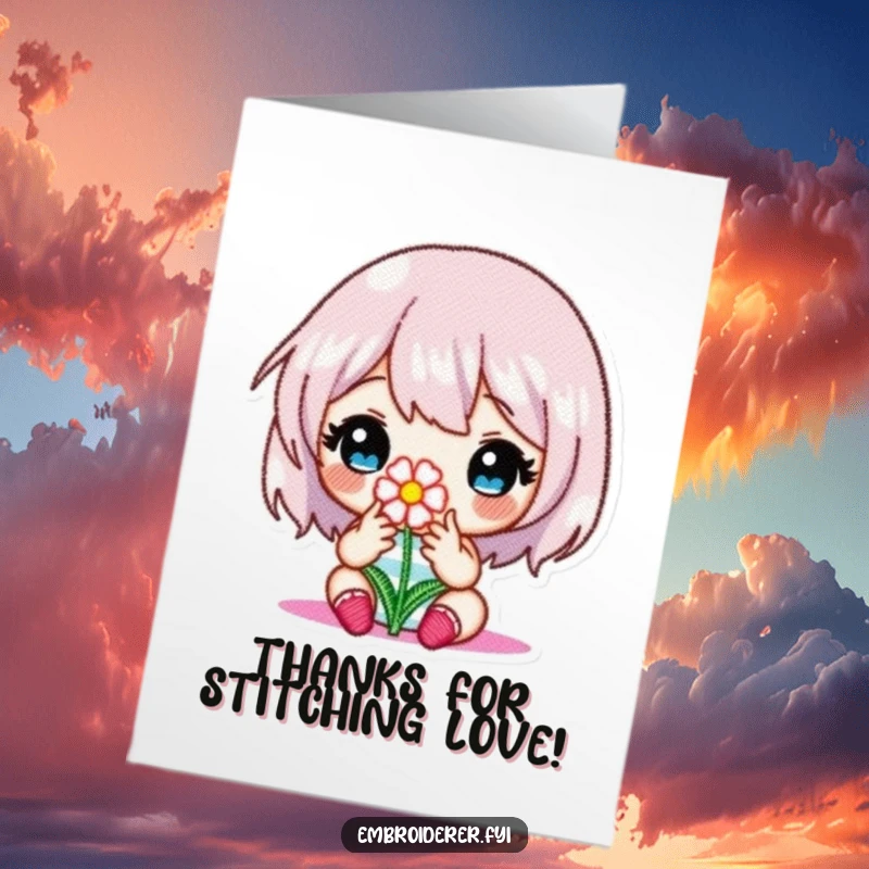Free Printable thank you card depicting a character intently embroidering a small flower, conveying thanks with meticulous detail.
