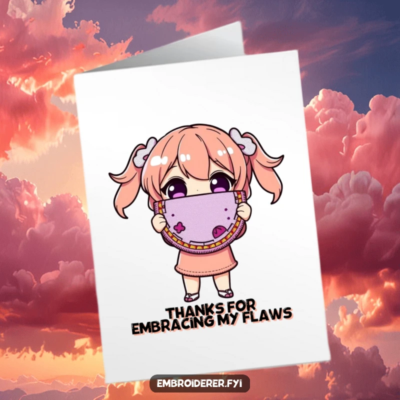 Funny Free Printable Thank You Card: Character proudly showing off a magnificently flawed embroidered patch, expressing sincere thanks.