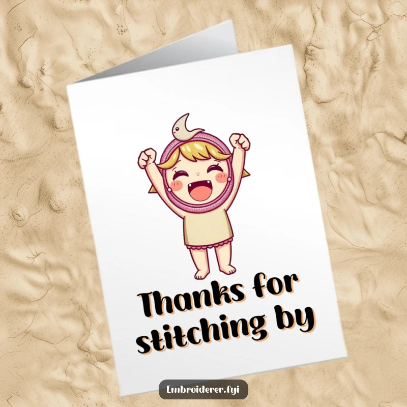 Funny Free Printable Thank You Card: Character triumphantly holds up a beautifully embroidered patch, symbolizing heartfelt thanks.
