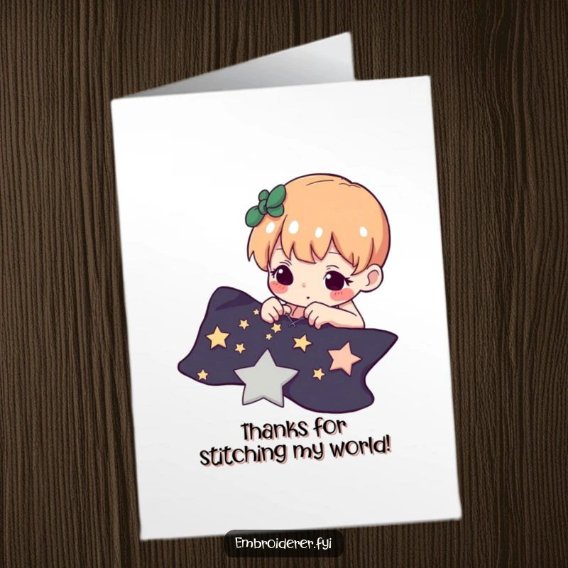Funny Free Printable Thank You Card: Determined character carefully stitching tiny stars onto dark fabric, a symbol of gratitude.