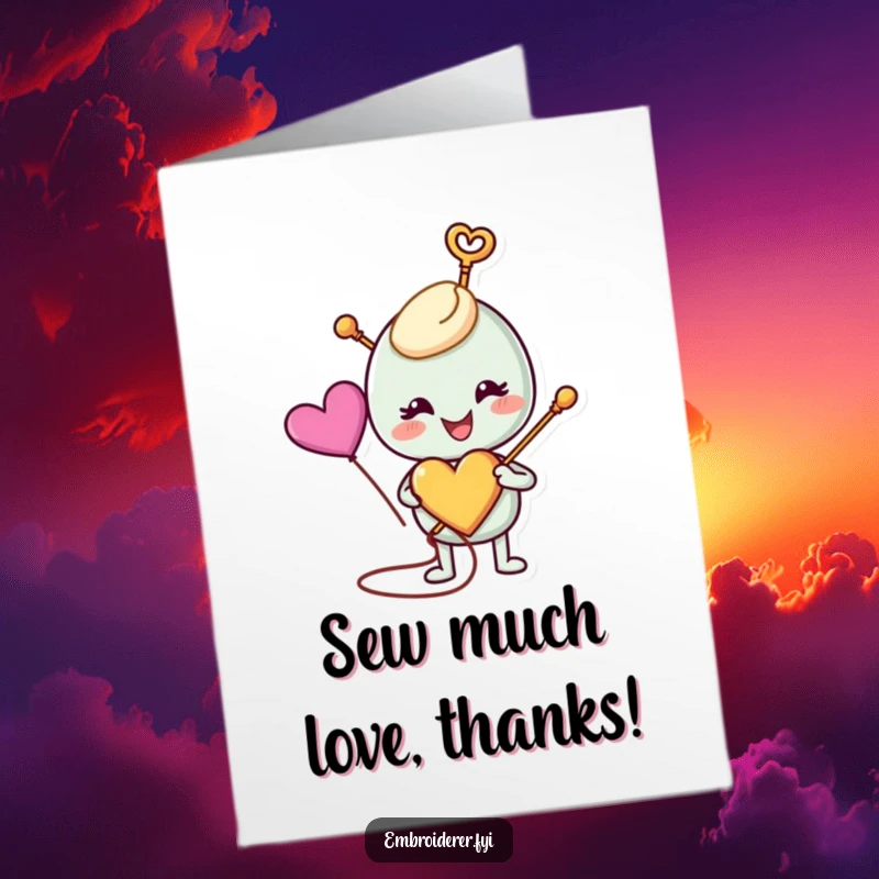 Joyful Free Printable Thank You Card of a happy needle stitching a heart, perfect for expressing gratitude.