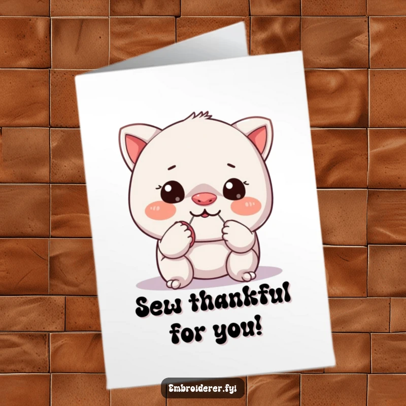 Funny Free Printable Thank You Card: Character hilariously trying to sew a tiny button onto its own nose, a quirky thank you.