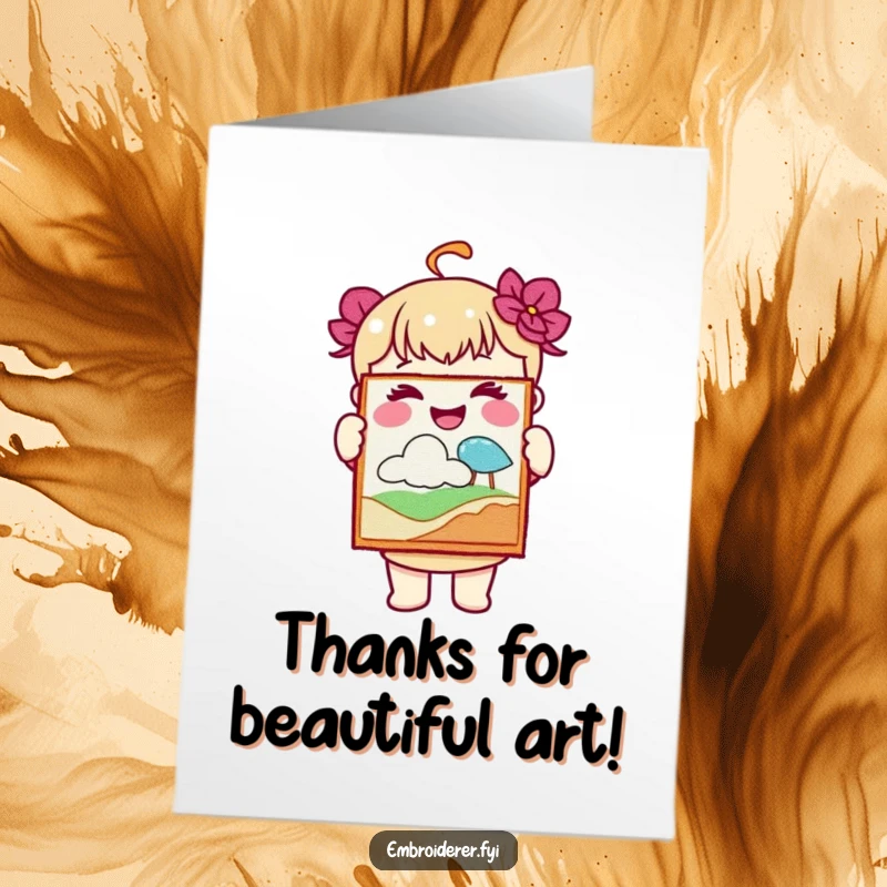 Free Printable thank you card showing a happy character holding up and admiring their own intricate piece of embroidered art.