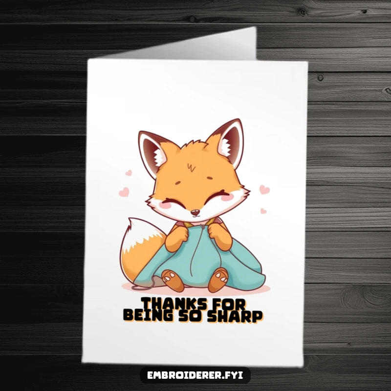Funny free printable thank you card: a winking fox carefully pushes a needle through fabric, sending thanks.