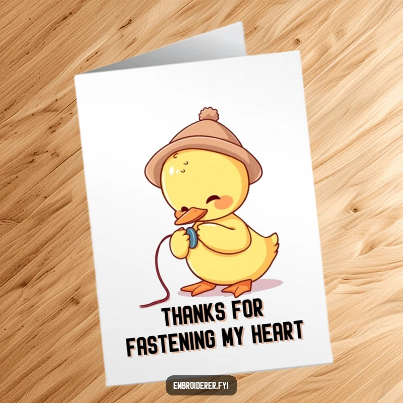 Funny Free Printable Thank You Card: A duck in a tiny hat comically tries to sew a button, conveying thanks.