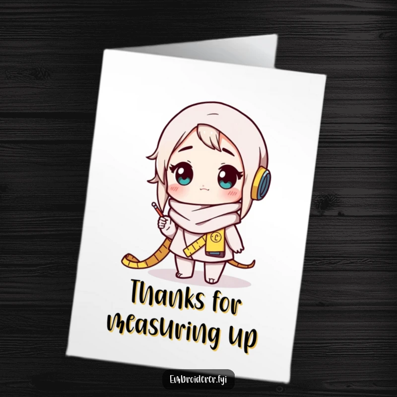 Funny Free Printable Thank You Card: Character in measuring tape scarf looks amazed, expressing thanks.