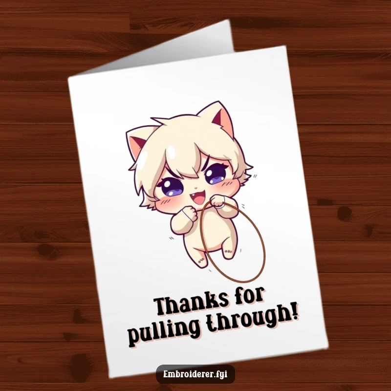 Funny Free Printable Thank You Card: Mischievous character pulling a thread, a quirky way to say thanks with humor.