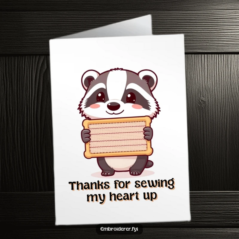 Funny Free Printable Thank You Card: A contented badger displays a completed, beautifully stitched item with evident pride and joy.