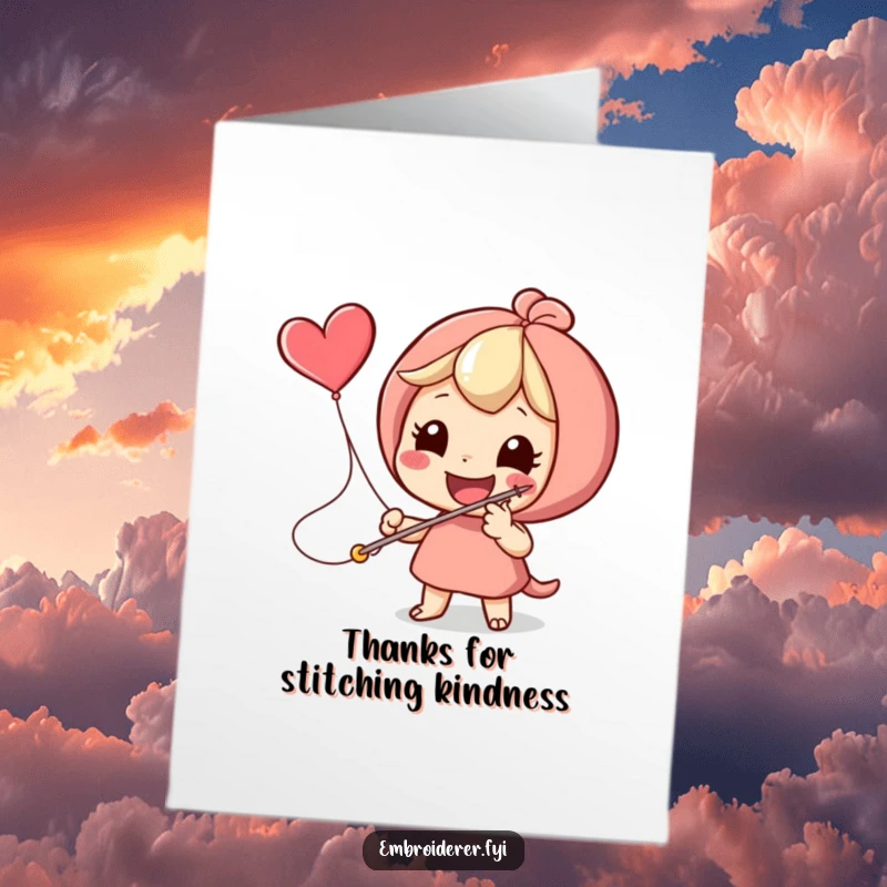 Funny Free Printable Thank You Card: Character enthusiastically stitches a flying heart icon with a giant needle, expressing thanks.