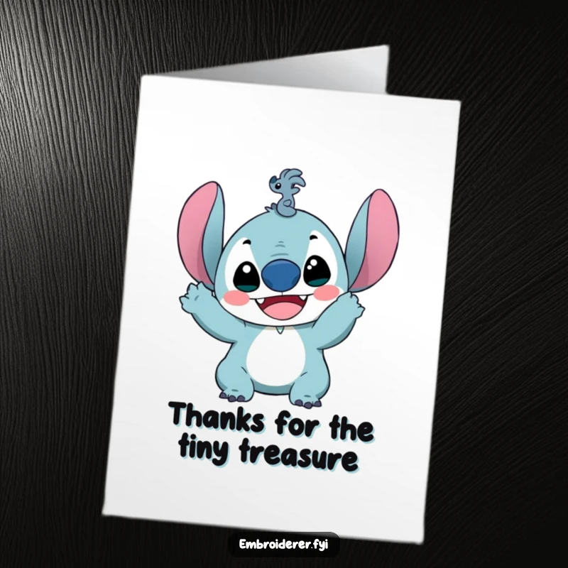 Funny Free Printable Thank You Card featuring a character's delighted expression as they hold up a tiny, insignificant stitch, appreciating effort.