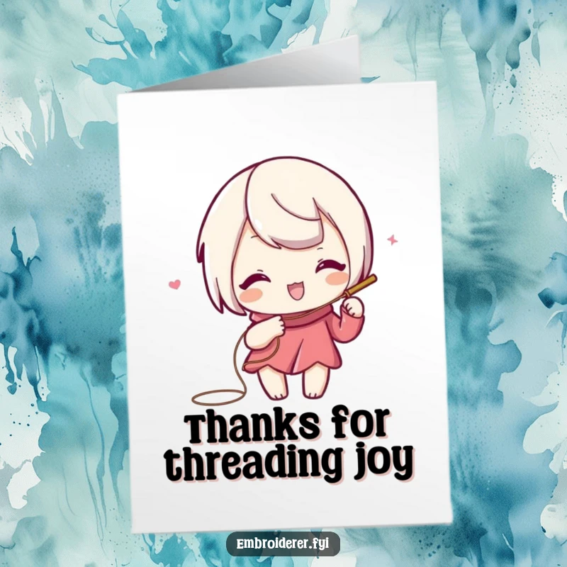 Funny Free Printable Thank You Card: Playful character sewing swirls, a chic downloadable gift for expressing thanks.