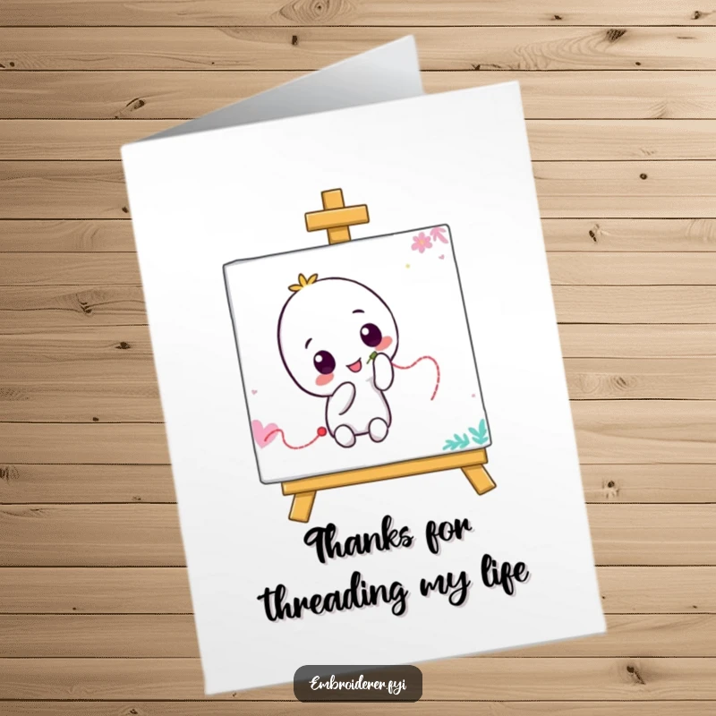 Funny Free Printable Thank You Card: Playful character humorously stitches a wiggly thread line across a vibrant canvas, thanking someone special.
