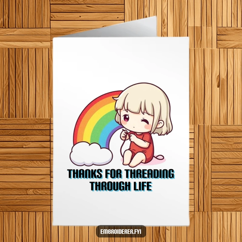 Funny Free Printable Thank You Card: Character carefully stitches a vibrant rainbow onto fabric, a colorful symbol of thanks.