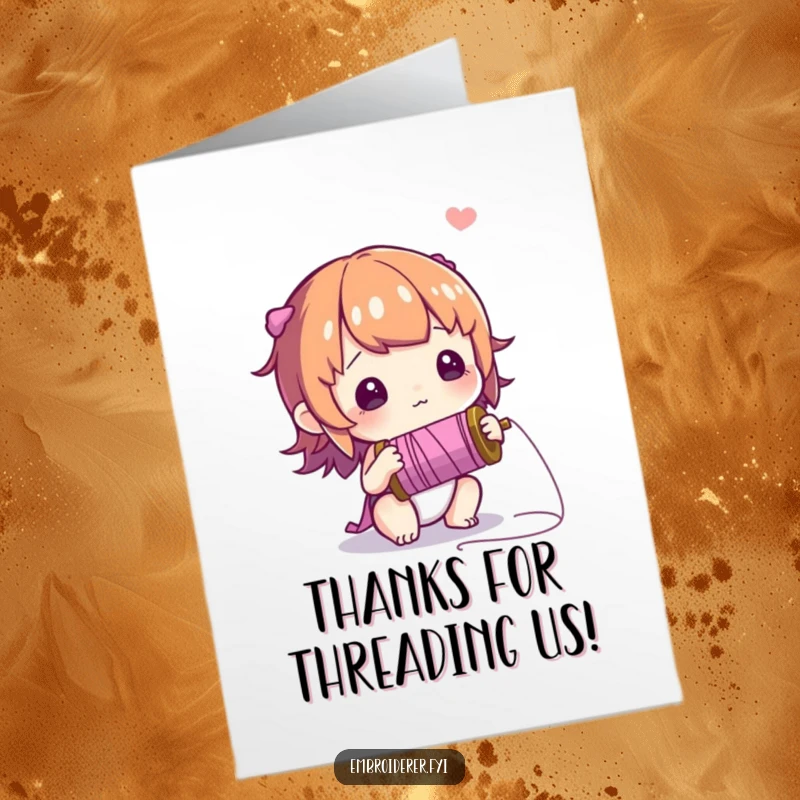 Free Printable thank you card depicting a character with a look of wonder, curiously examining a spool of vibrant thread.