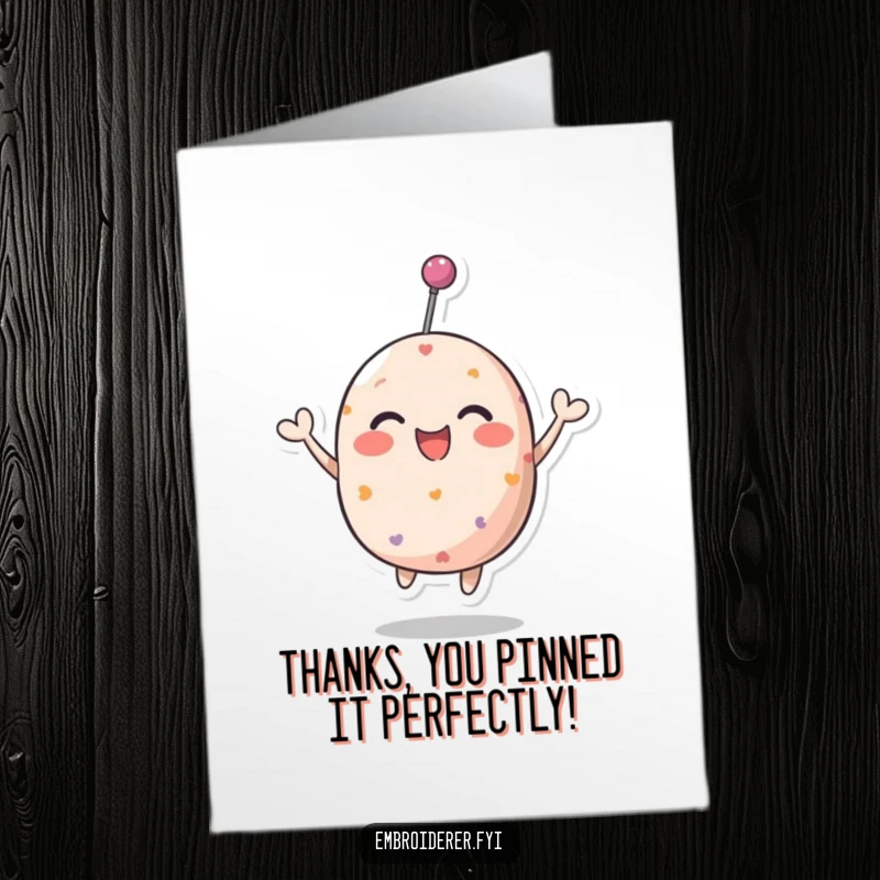 Funny Free Printable Thank You Card: A happy pincushion character bouncing with glee to express heartfelt thanks.