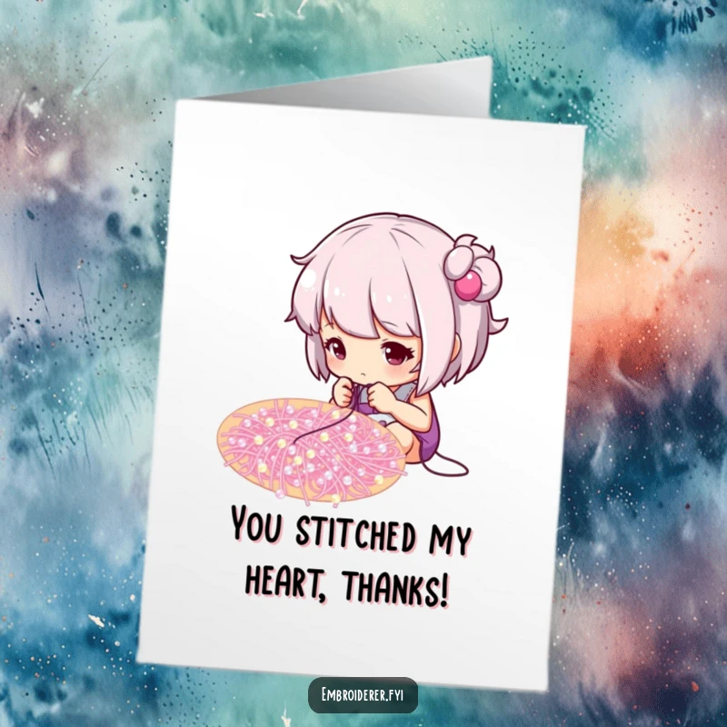 Funny Free Printable Thank You Card: Character intently stitching tiny sparkling beads onto a swirling pattern, expressing sincere thanks.