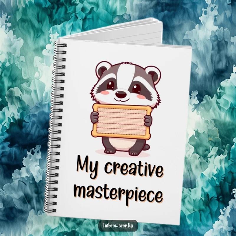 Funny Badger Stitch Notebook, a proud badger holding a stitched item, lined pages for notes with a humorous cover.