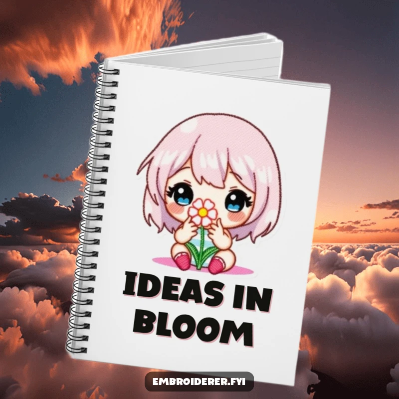 Funny notebook cover with a character focused on embroidering a tiny flower, ideal for planning detailed craft projects.