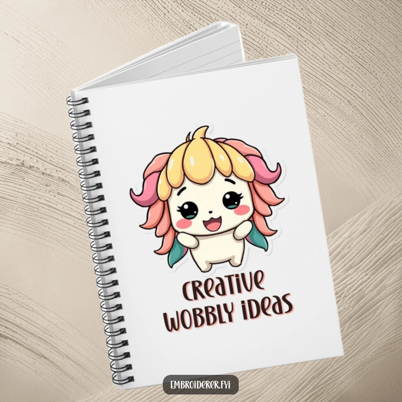 Funny notebook with a proud character displaying a slightly lopsided but colorful creation, ideal for journaling creative ideas.