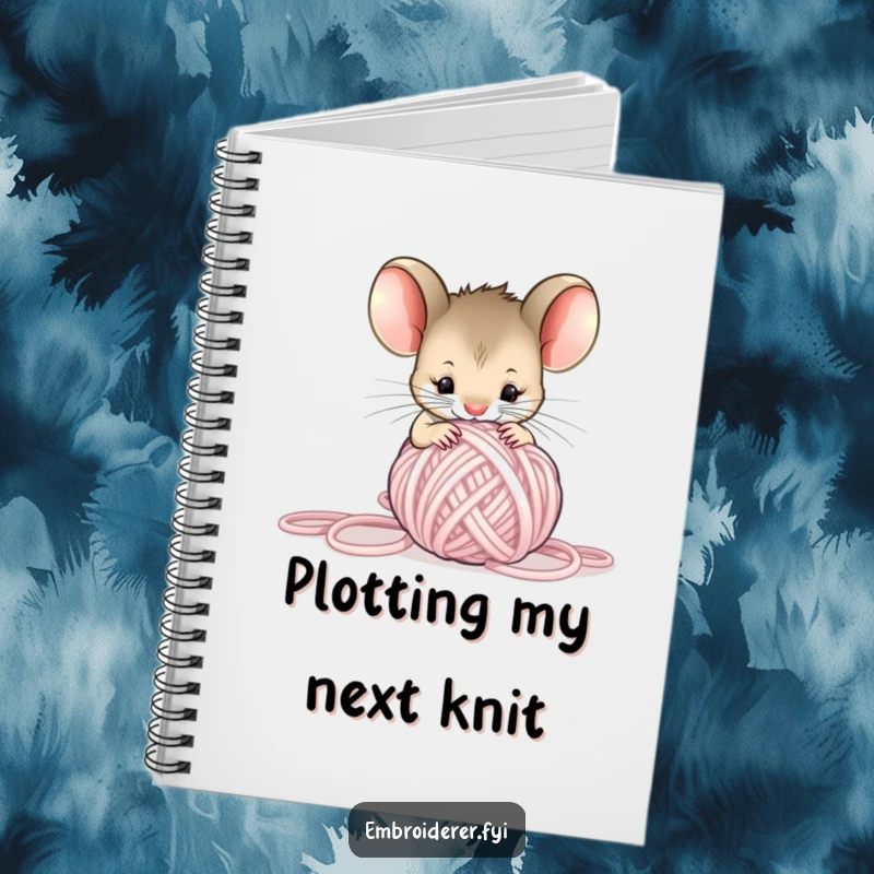 Funny Mouse Yarn Notebook, a curious mouse tangled in yarn, lined pages for notes with a humorous cover.