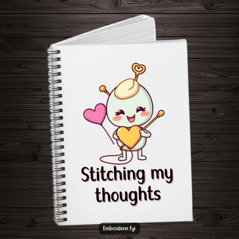 Funny anthropomorphic needle with a colorful heart on a notebook cover, inspiring creative stitching and journaling, perfect for funny notebook collectors.