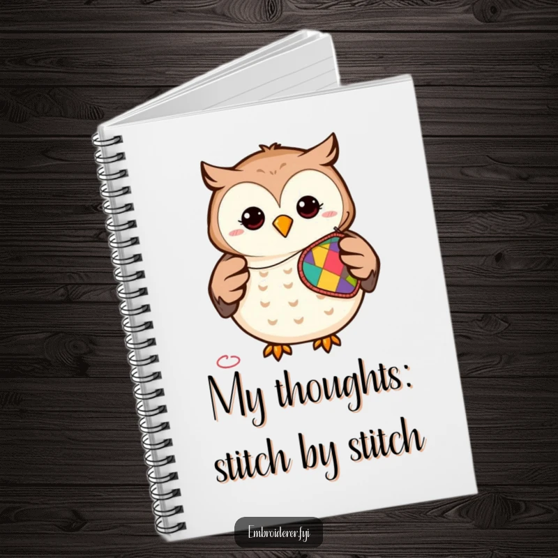 Funny notebook with a smiling owl stitching a patch, providing a humorous and inspiring place for notes and ideas.