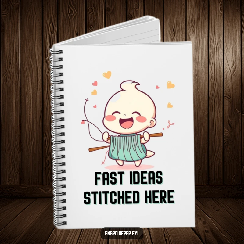 Funny notebook featuring a cheerful figure laughing as stitches fly from a needle at high speed, perfect for jotting down quick ideas.
