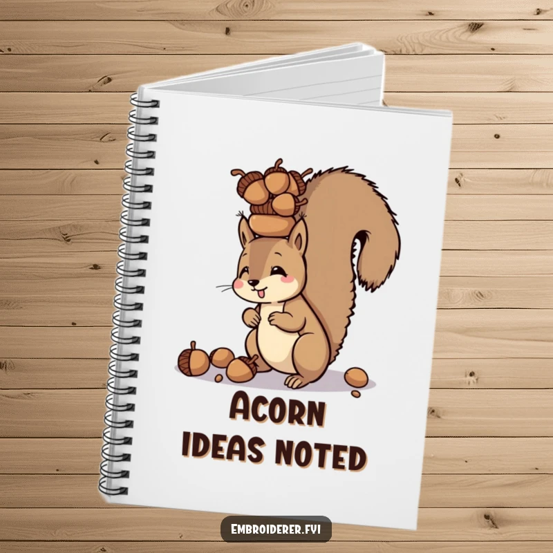 Funny notebook featuring a squirrel balancing a tower of acorns on its head, perfect for capturing creative thoughts.
