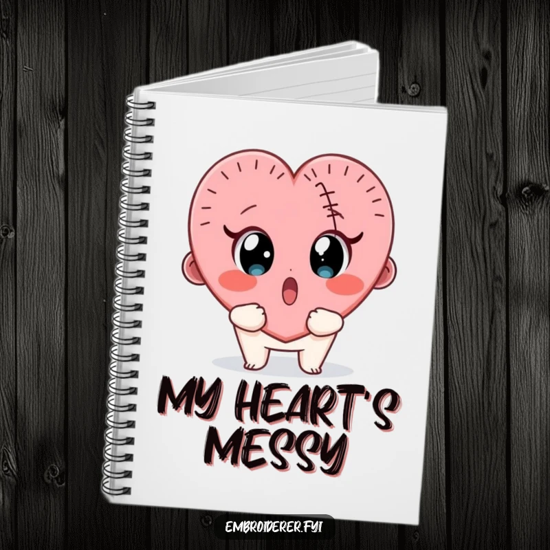Funny notebook cover with a surprised character looking wide-eyed at a wobbly, half-finished stitched heart.