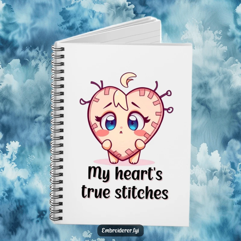 Funny stitch surprise notebook with a character wide-eyed at a wobbly, half-finished stitched heart, perfect for journaling.